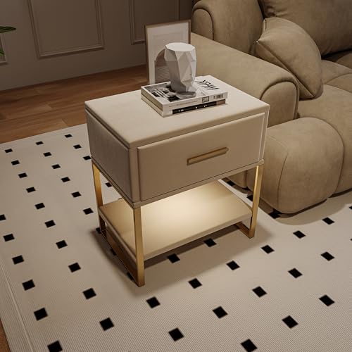 Aneutr Nachttisch 2er Set mit LED-Beleuchtung, Beistelltisch mit 1 Schublade und offenes Fach, Sofatisch Nachtschrank fürs Wohnzimmer, Schlafzimmer, Samtstoff (Beige mit led) von Aneutr