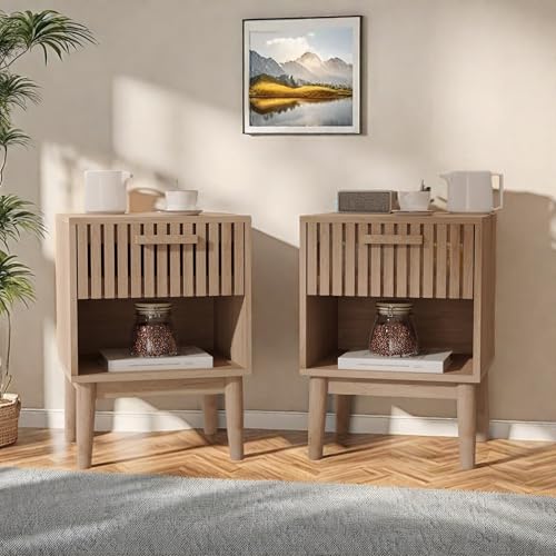 Aneutr Rattan Nachttisch, Nachttisch 2er Set Rattan Boho, Holz Beistelltisch mit Schublade und Offenem Regal, Modernes Design, Nachtschrank Nachtkästchen für Wohnzimmer, Schlafzimmer, Natur von Aneutr