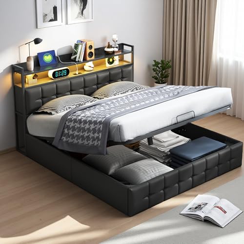 Bett 140 x 190 cm mit Lattenrost, Hydraulisches Bett mit LED und USB, Betten für Erwachsene, Kofferraum, Doppelbett mit Aufbewahrung, PU, ohne Matratze (Schwarz, 140 x 190 cm) von Aneutr