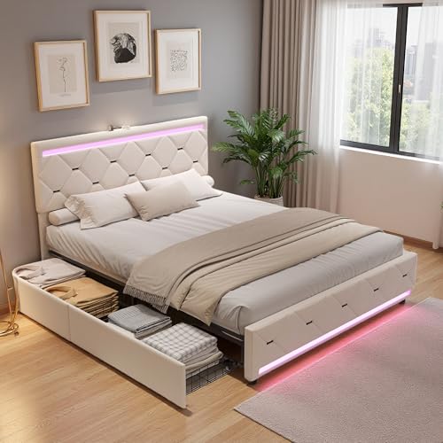 Bett 140 x 190 cm mit Stauraum, Schubladenbett mit LED, USB- und Typ-C-Anschlüsse, gepolstertes Doppelbett mit Lattenrost, für Doppelbett, Samt, ohne Matratze (Beige, 140 x 190 cm) von Aneutr