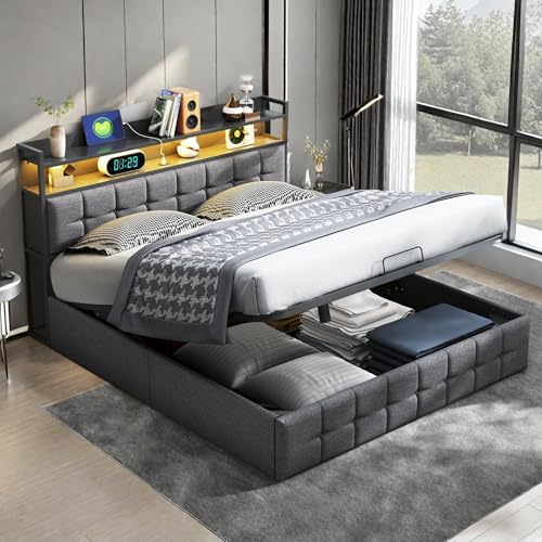 Bett 140 x 190 mit Lattenrost, Hydraulisches Bett mit LED und USB, Betten für Erwachsene, Kofferraum, Doppelbett mit Aufbewahrung, Leinen, ohne Matratze (Grau, 140 x 190 cm) von Aneutr