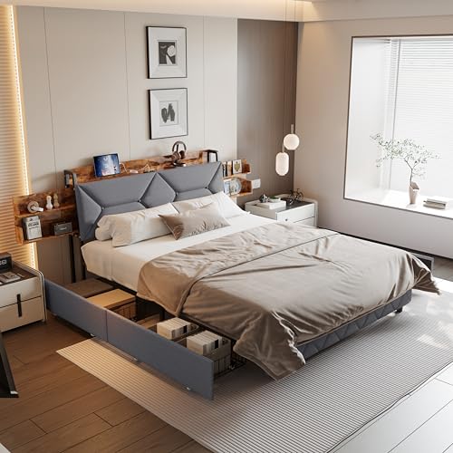 Bett 140x200, Jugendbett mit LED Beleuchtung und USB Anschlüssen, Polsterbett Bett mit Schubladen, Modernes Doppelbett Stauraumbett mit Lattenrost, ohne Matratze (160x200 cm) von Aneutr