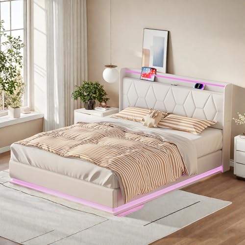 Bett 160x200 mit Stauraum, Boxspringbett mit LED Beleuchtung und USB Ladefunktion, Polsterbett Doppelbett, Hydraulisches Stauraumbett mit Lattenrost, Samt, Ohne Matratze (Weiß, 160x200 cm) von Aneutr