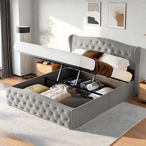 Bett mit Stauraum, 160 x 200 cm, gepolstertes Doppelbett mit Kopfteil und Lattenrost, hydraulisches Bett mit Stauraum, gepolstertes Bett für Erwachsene und Jugendliche, Samt (Grau, 160 x 200 cm) von Aneutr