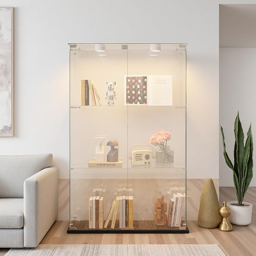Glas Vitrinenschrank, Glasvitrine Standvitrine mit LED, 3 Lagen Display Cabinet, 2 TüR und Schloss Vitrine Glasschrank Display Case für Wohnzimmer, Schlafzimmer, Büro von Aneutr