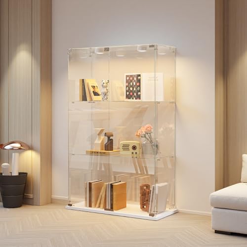 Glas Vitrinenschrank, Glasvitrine Standvitrine mit LED-Lichtleiste, 3 Lagen Display Cabinet, 2 TüR und Schloss Vitrine Glasschrank Display Case für Wohnzimmer, Schlafzimmer, Büro von Aneutr
