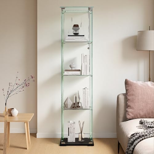 Glas Vitrinenschrank, Glasvitrine Standvitrine mit LED-Lichtleiste, 4 Lagen Display Cabinet, 1 TüR und Schloss Vitrine Glasschrank Display Case für Wohnzimmer, Schlafzimmer, Büro von Aneutr