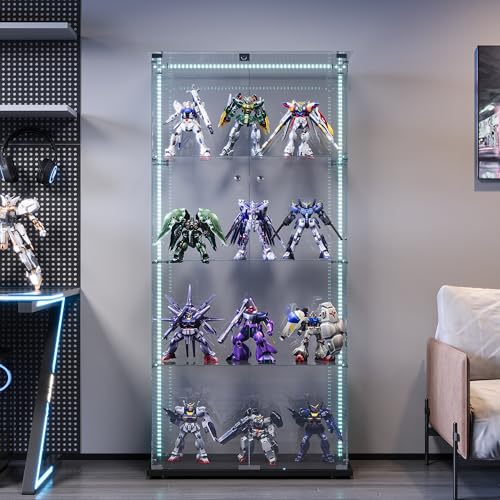 Glas Vitrinenschrank, Glasvitrine Standvitrine mit LED-Lichtleiste, 4 Lagen Display Cabinet, 2 TüR und Schloss Vitrine Glasschrank Display Case für Wohnzimmer, Schlafzimmer, Büro von Aneutr
