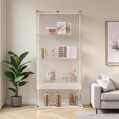 Glas Vitrinenschrank, Glasvitrine Standvitrine mit LED-Lichtleiste, 4 Lagen Display Cabinet, 2 TüR und Schloss Vitrine Glasschrank Display Case für Wohnzimmer, Schlafzimmer, Büro von Aneutr