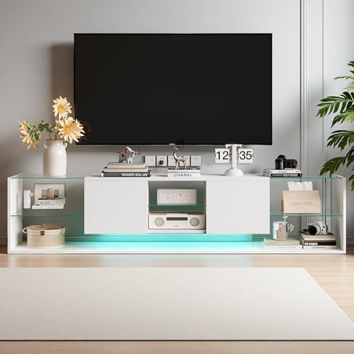Moderner TV-Schrank mit LED-Beleuchtung in 24 Farben, TV-Möbel mit offenen Regalen und 2 Schubladen, Aufbewahrungsschrank, TV-Bank, Tisch für Wohnzimmer, Schlafzimmer (weiß, 200 x 35 x 45 cm) von Aneutr