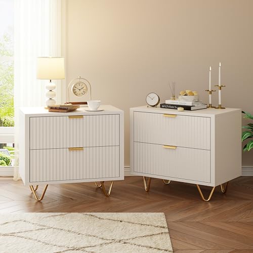Nachttisch, 2er Set, Nachtschrank mit 2 Schubladen, Modern Beistelltisch mit goldenen Metallbeinen, Klein Nachttische mit Schublade, Couchtisch für Schlafzimmer, Wohnzimmer (Weiß, 47 x 29 x 49 cm) von Aneutr