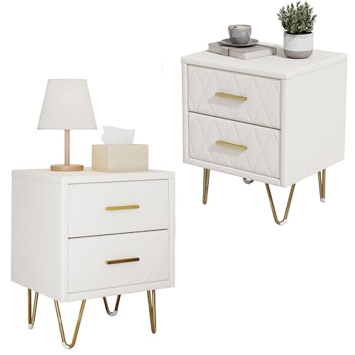 Nachttisch 2er Set, Nachtschrank mit 2 Schubladen, Moderner Nachttisch mit goldenen Metallbeinen,Gepolsterter Beistelltisch mit Stauraum für Schlafzimmer und Wohnzimmer,PU (Beige, 41 x 33,5 x 51 cm) von Aneutr