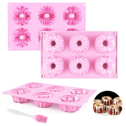 Anevios 3 Stück Mini Gugelhupfform Silikon mit 1 Ölpinsel Rosa Muffinförmchen Kuchenform Rund Donutform Cupcake Formen Backform Ø 7 cm Wiederverwendbare für DIY Backen Dessert - 28×17×3cm von Anevios