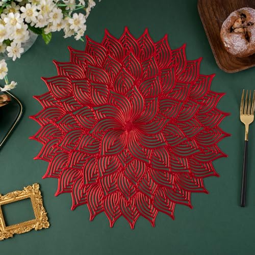 Anevous 4er Set PVC Platzset Abwaschbar, 38cm Rund Tischsets, rutschfest Platzteller Hitzebeständige Platzdeckchen, Esstisch Tischunterlage für Hochzeit Party Küche Zuhause Hotel,Rot von Anevous
