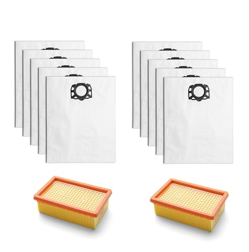 Staubbeutel Filter Zubehör Set - 2 HEPA Flachfilter und 10 Staubsaugerbeutel, Kompatibel mit Kärcher WD4 WD5 WD6 MV4 MV5 MV6, Teilenummer 2.863-005.0 und 2.863-006.0 von Anfi Filter