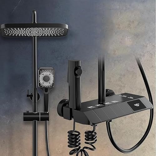 Duschsystem mit Thermostat - Duschset mit Regendusche Duscharmatur Duschkopf Duschstange und Bidet Handbrause, Duscharmatur Komplettset mit Real-time Digital Display丨Schwarz von AngLink
