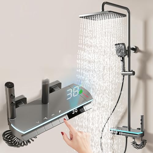 Thermostat Duschsystem mit Duscharmatur - Komplettset Dusche mit Duschstange Kopfbrause und LED-Digitalanzeige Bidet Handbrause, Thermostatische Komplett Duschset Duschsystem丨Grau von AngLink