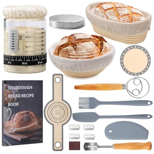 Angadona Sauerteig-Brot-Zubehör-Set, Rattan Brotgärkörbe, 1,2 l Sauerteig-Starterglas, Silikon-Brotschlinge, Brotbackwerkzeug von Angadona