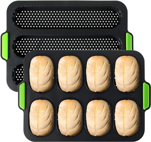 Angaekkot 2 Stück Brötchen Backform,Silikon Brotbackform,Antihaftbeschichtet Baguette Backblech,Mini Burger Brötchen Backblech mit Löchern,Baguetteform,Brot Backen Zubehör von Angaekkot