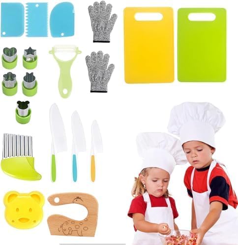 Kinder-Küchenmesser-Set,Kinder Schneidemesser,Kindermesser Montessori,Kochen für Kinder Inklusive Holzmesser und Schneidebrett,Schneiden und Kochen von Obst oder Gemüse für Kleine Kinder (19 Stück) von Angaekkot