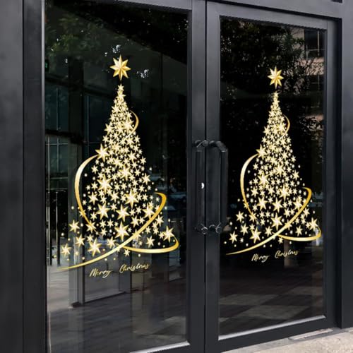 Weihnachtsbaum-Fensteraufkleber,Fensterbilder Weihnachten,Selbstklebend Christmas Window Stickers,Wiederverwendbar Weihnachten Fenster Clings,Goldener Fensteraufkleber (2 pcs) von Angaekkot