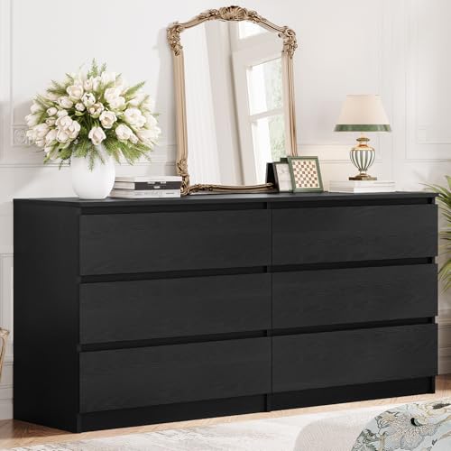 Angel Sar Moderne Kommode mit 6 Schubladen für Schlafzimmer, schwarze Kommode mit grifflosem Design und tiefen Schubladen, breite Holzaufbewahrung, Doppelkommoden, große Schlafzimmer-Kommoden, Schwarz von Angel Sar