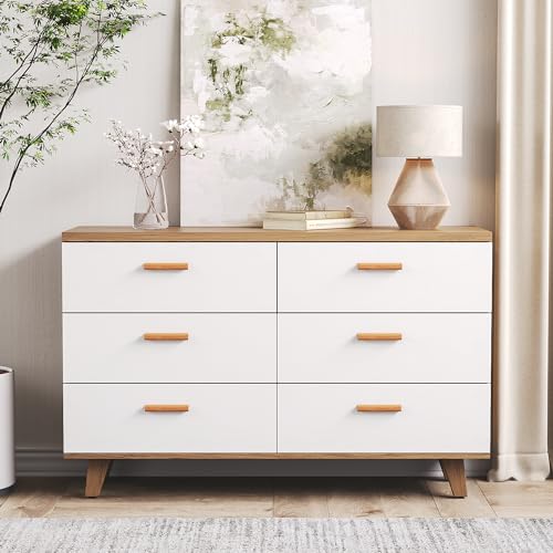 Angel Sar Weiße Kommode mit 6 Schubladen für Schlafzimmer, Holzaufbewahrung, Organizer, breite Kommode, moderne Schubladenkommode für Wohnzimmer, Flur, Schlafzimmer, Kinderzimmer, Weiß von Angel Sar