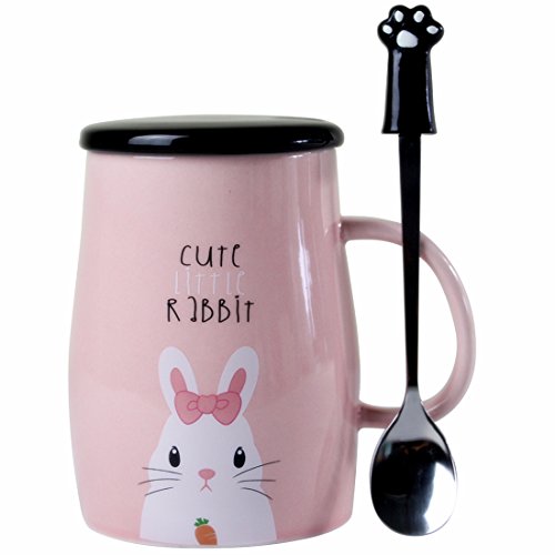 Angelice Home Niedlicher Kaninchen-Becher, lustige Keramik-Kaffeetasse mit Teelöffel aus Edelstahl für Hasenliebhaber, Kaffeeliebhaber von Angelice Home