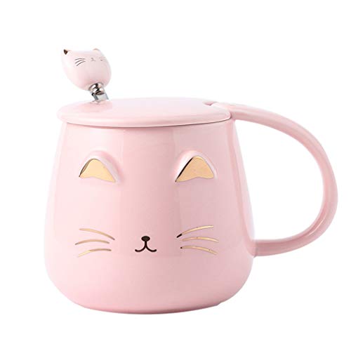 Angelice Home Pinke Katzen-Tasse, süße Kitty, Keramik-Kaffeetasse mit Edelstahl-Löffel, für Katzenliebhaber, Frauen und Mädchen von Angelice Home