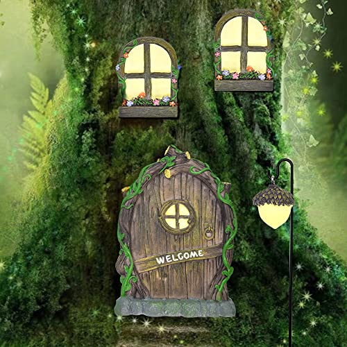 Angelkiss 7 Stück Feentür Harzmaterial Wichteltür Outdoor Im Dunkeln Leuchten Feengarten Tür Retro und Mystische Elfentür Fenster Lampe Baumtür für Gärten Bäume Innendekoration. von Angelkiss