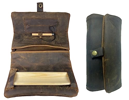 Echtes Leder Used Look Tabak Beutel Rollbrett Tasche Drehertasche Feinschnitt Rollbeutel tobacco pouch leather antik braun Holz Rollhilfe Stopfhilfe von Angelo