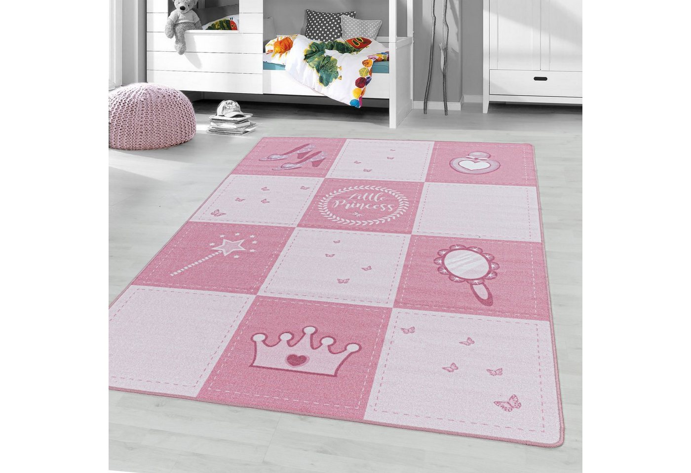 Kinderteppich Mädchenteppich Prinzessinnenteppich Prinzessin Kurzflorteppich rosa, Angeycasa, rechteckig, Höhe: 8, 8 mm, Kinderzimmer von Angeycasa