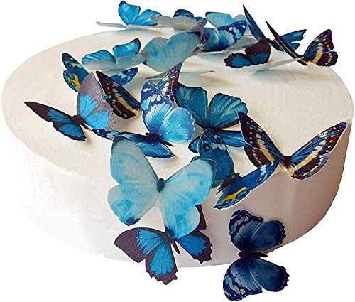 24 x Vorgeschnittene schöne blaue Schmetterlinge essbares Reispapier/Oblatenpapier Kuchendekoration, Dekoration für Cupcake Kuchen Dessert, für Geburtstag Party Hochzeit Babyparty (M) von Anglesit Butterflies