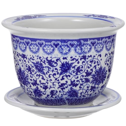 Angoily Blauer Und Weißer Keramik-Übertopf 1 Set Chinesische Keramik-Blumentöpfe Orientalischer Übertopf Dekorativer Sukkulenten-Blumentopf Mit Tabletts Für Den Balkon von Angoily