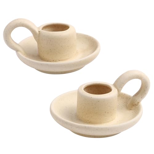 Angoily Kerzenständer aus Keramik, mit Griff, nordischer Stil, für Tischdekoration, Hochzeit, Beige, 2 Stück Angoily Kerzenständer aus Keramik, mit Griff, nordischer Stil, für Tischdekoration, Hochzeit, Beige, 2 Stück von Angoily