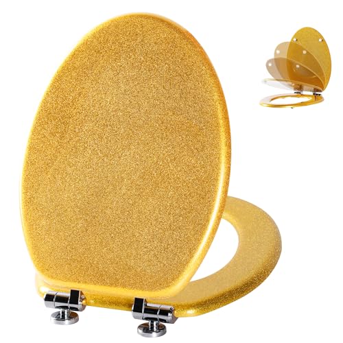 Angol Shiold Glitzernder WC-Sitz aus geformtem Holz, länglicher WC-Sitz mit leise schließenden und schnell zu öffnenden Scharnieren, einfach zu installieren und leicht zu reinigen (länglich 47,7 cm Angol Shiold Glitzernder WC-Sitz aus geformtem Holz, länglicher WC-Sitz mit leise schließenden und schnell zu öffnenden Scharnieren, einfach zu installieren und leicht zu reinigen (länglich 47,7 cm von Angol Shiold