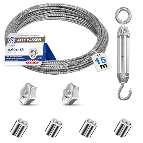 Angooni 𝗘𝗱𝗲𝗹𝘀𝘁𝗮𝗵𝗹 𝗗𝗿𝗮𝗵𝘁𝘀𝗲𝗶𝗹 𝟮𝗺𝗺, Spanndraht Seilspanner 304 Edelstahl Kit, Stahlseil Set Ummantelt mit ösen, Rankhilfen für Kletterpflanzen, Wäscheleine, Lichter Hängen von Angooni