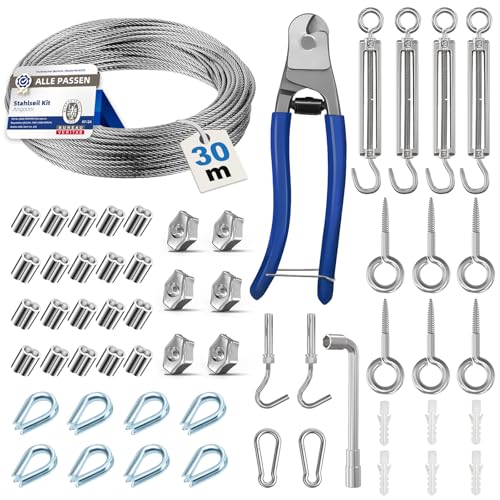 Angooni 30 m Stahlseil Set, Verdickt 3 mm Edelstahl Drahtseil, M5 Seilspanner Edelstahl Spannschloss, M5 Wandhaken, Stahlseil mit ösen, Rankhilfen für Kletterpflanzen, Gardinenseil, Zaun von Angooni