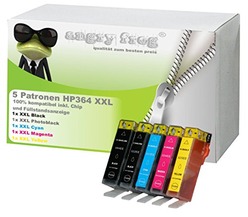 5 XXL Patronen für HP 364 XXL inkl. Chip und Füllstandsanzeige von Angry Frog