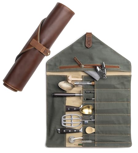 Angus Stoke Messertasche für Kochmesser aus Büffelleder | 14-Fächer Leder-Messerrolle für Köche – Messer, Kochtasche Gross Gustav (Braun) von Angus Stoke