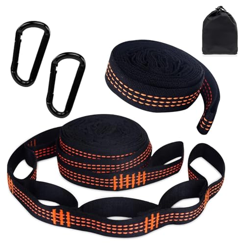 Anhoer 2 Stück Hängematte Befestigungs mit 2 Hakenkarabinern 3 m x 2,5 cm Hängematten Aufhängung max 300 kg mit 10 Schlaufen Schaukel Befestigung Seil Hängemattenzubehör für Camping (Orange) von Anhoer