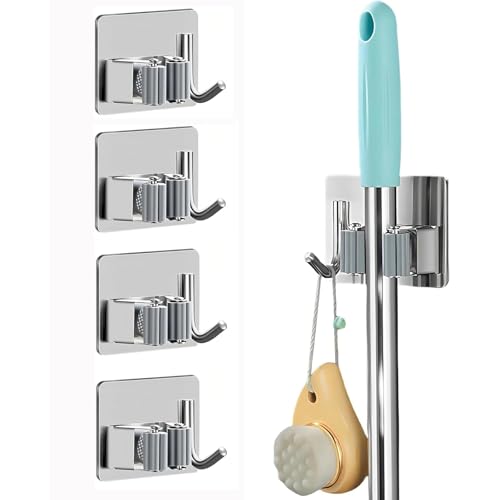 Anhoer 4 Stück Besenhalterung Wand Selbstklebender Besenhalter Gartengerätehalter Wandhalterung Ohne Bohren mit Haken Selbstklebend Besenhalter Organizer Gerätehaken für Küche Badezimmer (Silber) von Anhoer