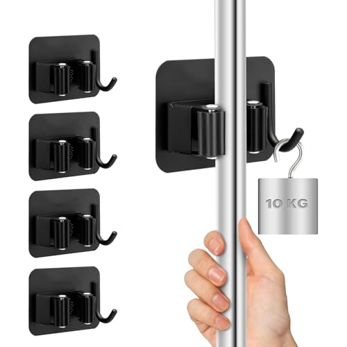 Anhoer 4 Stück Besenhalterung Wand Selbstklebender Besenhalter Gartengerätehalter Wandhalterung Ohne Bohren mit Haken Selbstklebend Besenhalter Organizer Gerätehaken für Küche Badezimmer (Schwarz) von Anhoer