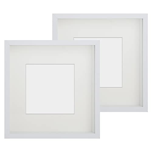 Anhow 2er 3D Bilderrahmen 23x23 cm, Echtglas 3D Bilderrahmen zum Befüllen 3cm Tiefer Objektrahmen mit Beige Passepartout Passend für 13x13 cm Fotos - Weiß von Anhow