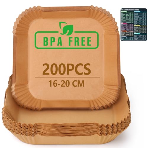 Anhow 200er Backpapier für Heißluftfritteuse, 16x16 cm Quadrat Antihaft Wasserdicht Ölfest Luftfritteuse Backpapier Kompatibel mit Heißluftfritteuse Schüsseln mit 1,2 L - 4,5 L Fassungsvermögen von Anhow