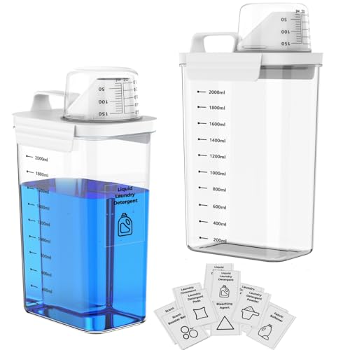 Anhow 2er 2300ml Waschmittel Aufbewahrung, Waschpulver Aufbewahrungsbox mit Messbecher Aufbewahrung Vorratsgläser und 12pcs Kategorie Aufkleber für Waschmittel, Waschpulver - Transparent von Anhow