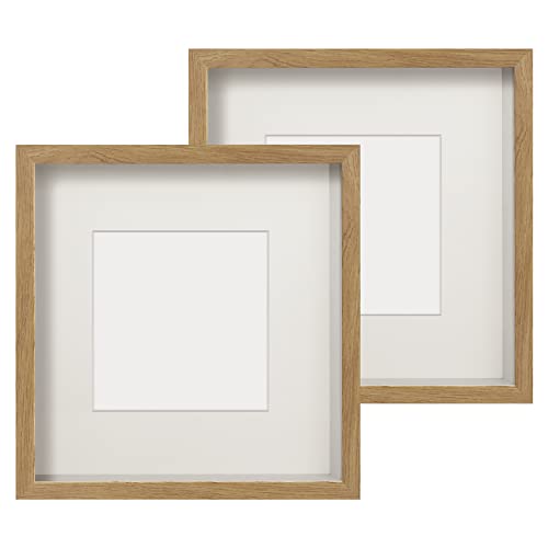 Anhow 2er 3D Bilderrahmen 23x23 cm, Echtglas 3D Bilderrahmen zum Befüllen 3cm Tiefer Objektrahmen mit Beige Passepartout Passend für 13x13 cm Fotos - Holzfarbe von Anhow