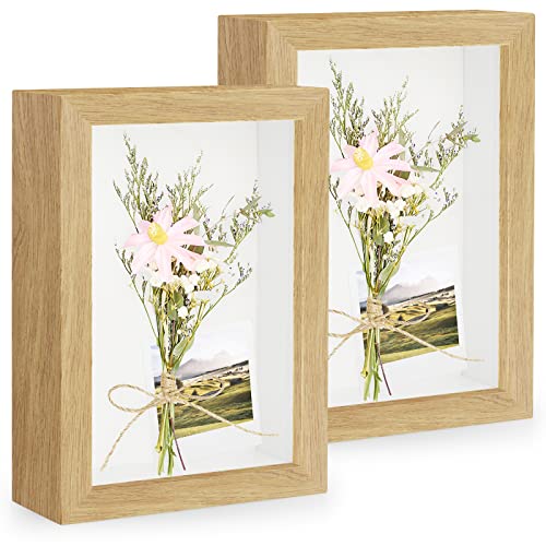 Anhow 2er 3D Bilderrahmen zum Befüllen, 3D Bilderrahmen Tiefer Objektrahmen 10 x 15 cm mit Transparente Echtglas für Tischplatte und Wand - Holzfarbe/ 3cm von Anhow