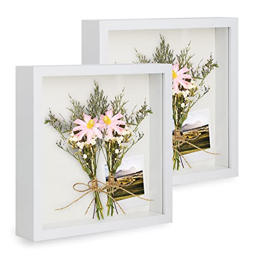 Anhow 2er 3D Bilderrahmen zum Befüllen, 3D Bilderrahmen Tiefer Objektrahmen 23 x 23 cm mit Transparente Echtglas für Tischplatte und Wand - Weiß/ 3cm von Anhow