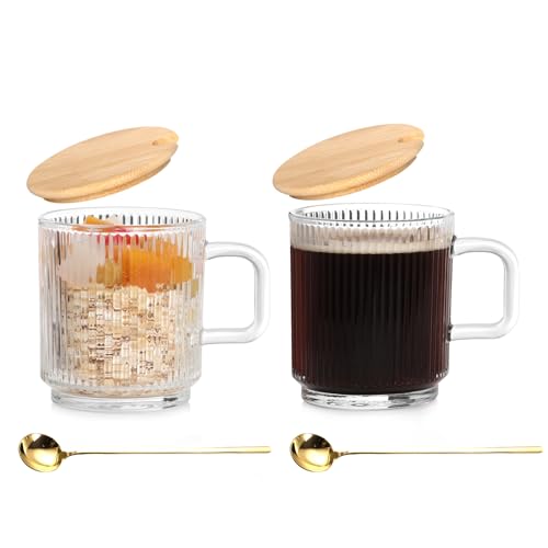 Anhow 2er Cappuccino Tassen, 350ml Latte Macchiato Gläser Vertikale Streifen Kaffeegläser mit Deckel und Löffel für Latte/Cappuccino/Getränke/Tee/Kaffee von Anhow